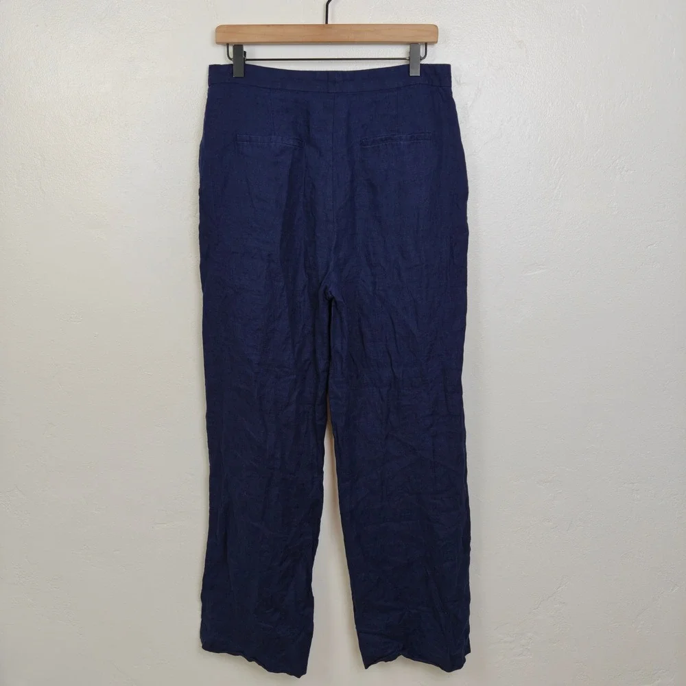 Zara Womens Pants Large Navy Blue 100% Linen Straight Leg High Rise Seam Detail